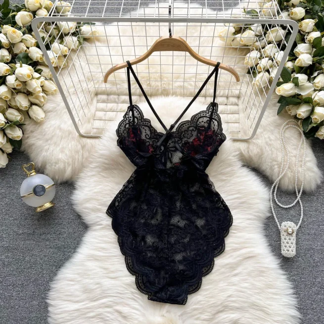 Chilligio-Women's Floral Lace Embroidery Bodysuits,One Piece Bodysuits,String Jumpsuit,Sheer Catsuits,Erotic,Vintage,Sexy,Combination