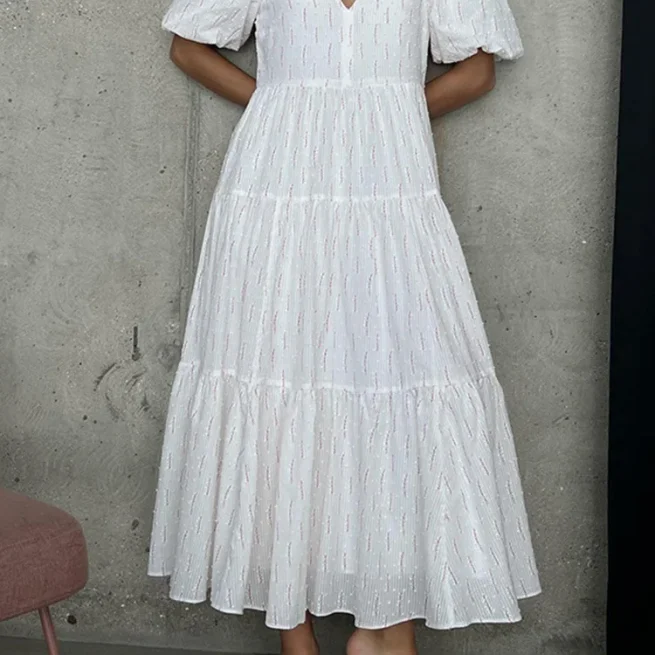 Women Vintage 100% Cotton Dress V Neck White Floral Print Midi Dress Long Sleeve Casual Summer Dresses for Women