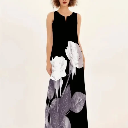 2024 New Women's V-neck Printed Sleeveless Long Dress Summer Sexy Dress Cross-border Trade in Europe and America