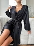 Women's Black Satin Pajama Set, Long Sleeve Robe with Belt, V Neck Dress, Ladies Pajamas, Loungewear