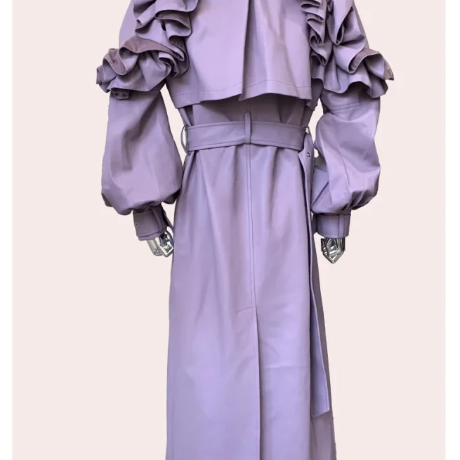 Nerazzurri 2024 Autumn Women's Long PU Leather Ruffles Coat Purple Elegant Chic Elegant Belt Luxury Designer Clothes