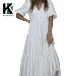 Women Vintage 100% Cotton Dress V Neck White Floral Print Midi Dress Long Sleeve Casual Summer Dresses for Women