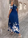 Women Off Shoulder Waist Printed Dress Long Pleated Dress Personality Pocket Mid-Rise Summer Fashion