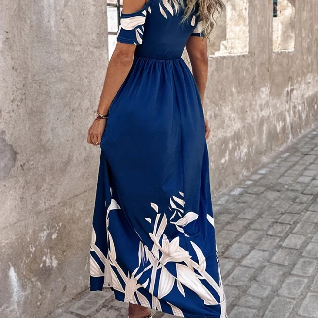 Women Off Shoulder Waist Printed Dress Long Pleated Dress Personality Pocket Mid-Rise Summer Fashion