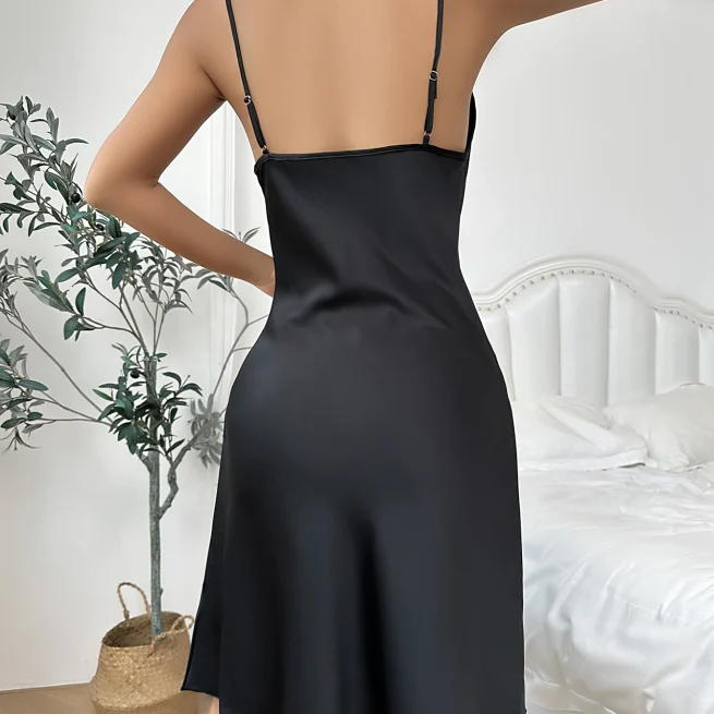 Women's Black Satin Pajama Set, Long Sleeve Robe with Belt, V Neck Dress, Ladies Pajamas, Loungewear