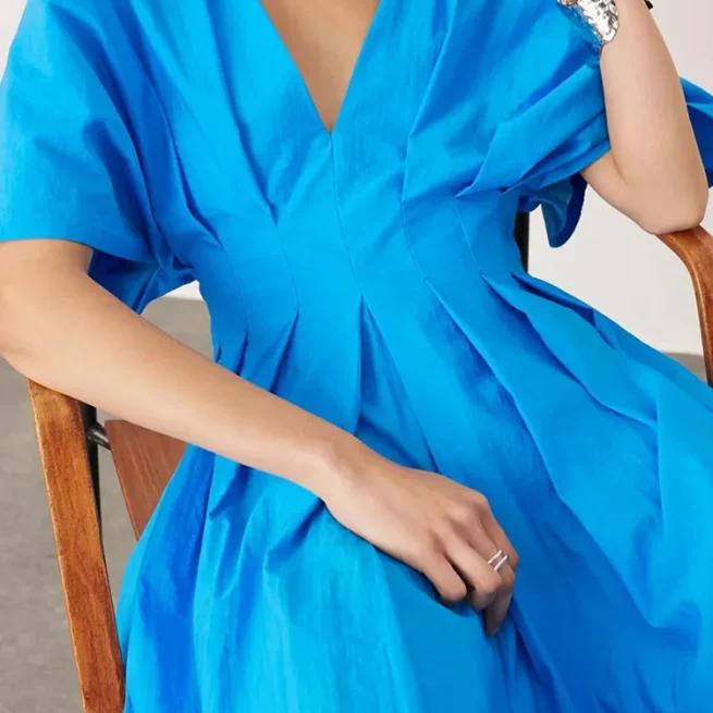 2024 Summer Women's Hollow Out Elegant Party Dress Solid Patchwork Maxi Dress Simple Short Sleeve Deep V Neck Female Dress