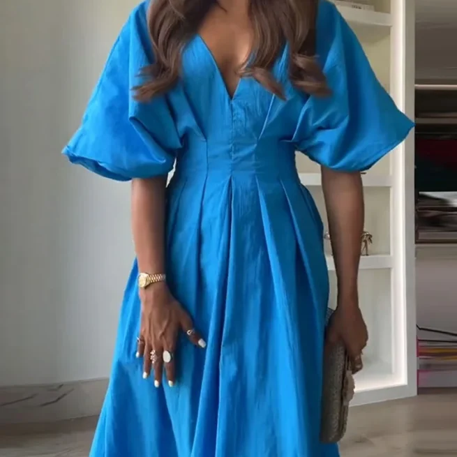 2024 Summer Women's Hollow Out Elegant Party Dress Solid Patchwork Maxi Dress Simple Short Sleeve Deep V Neck Female Dress