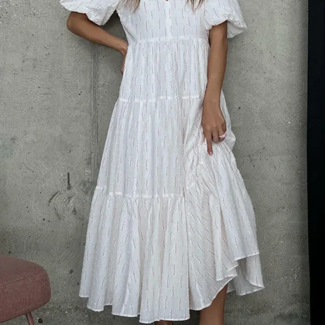 Women Vintage 100% Cotton Dress V Neck White Floral Print Midi Dress Long Sleeve Casual Summer Dresses for Women