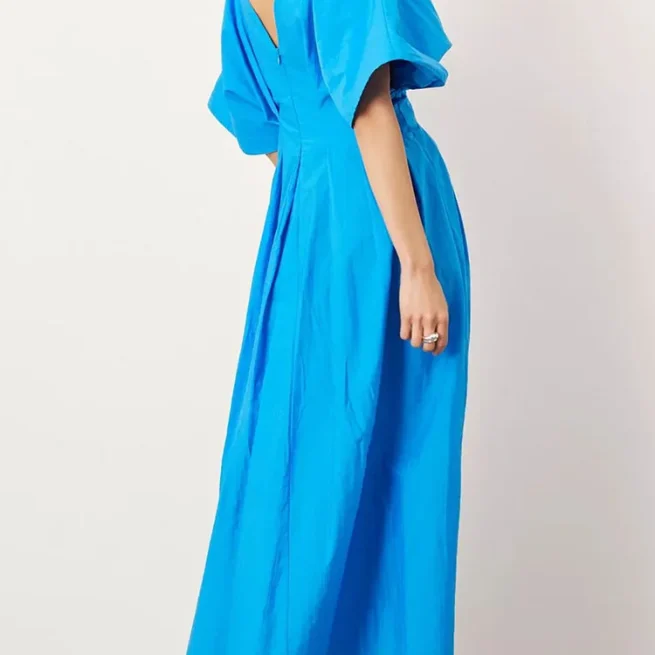 2024 Summer Women's Hollow Out Elegant Party Dress Solid Patchwork Maxi Dress Simple Short Sleeve Deep V Neck Female Dress