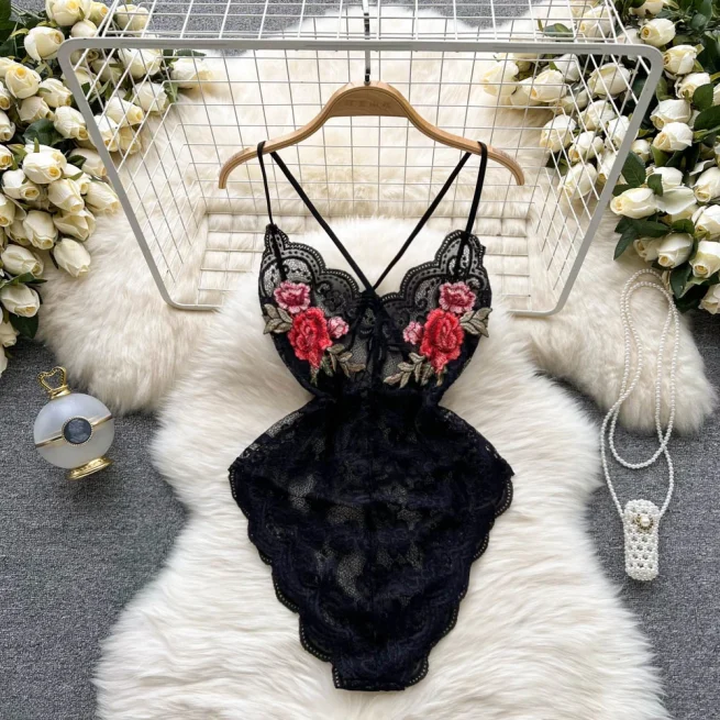 Chilligio-Women's Floral Lace Embroidery Bodysuits,One Piece Bodysuits,String Jumpsuit,Sheer Catsuits,Erotic,Vintage,Sexy,Combination