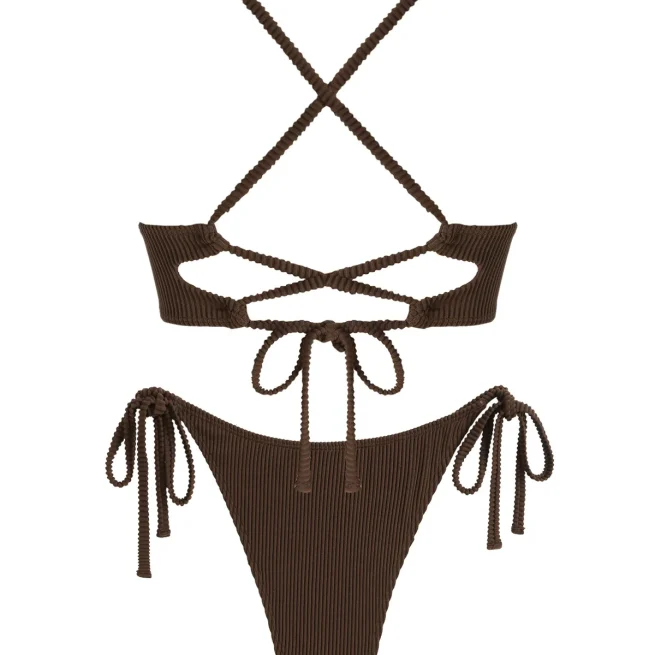 Zaful Ribbed Bikini Set for Women, Monochrome Thong Swimwear, U Metal Design, Textured Ribbed Spaghetti Strap