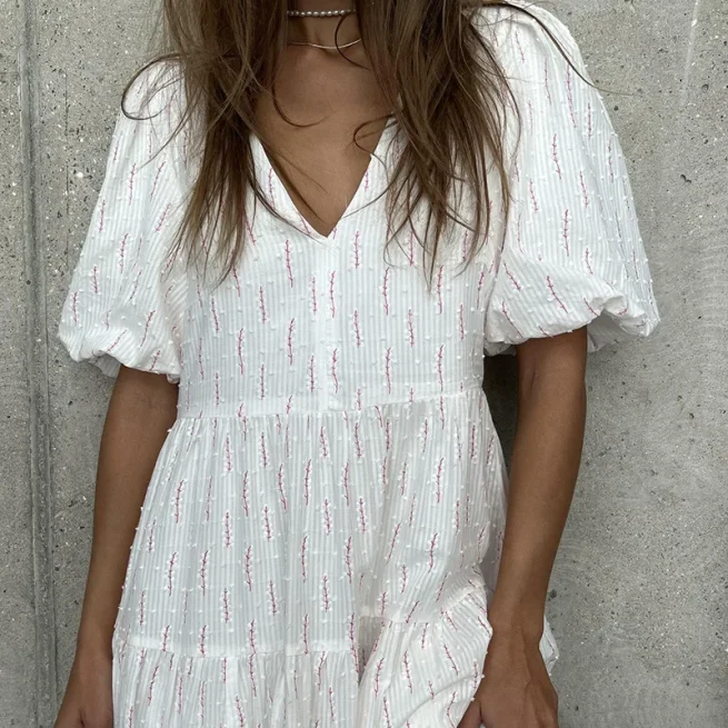 Women Vintage 100% Cotton Dress V Neck White Floral Print Midi Dress Long Sleeve Casual Summer Dresses for Women