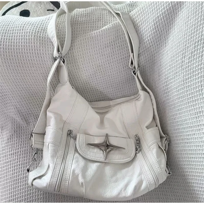 White Soft Leather Shoulder Bags for Women, Shopping Bags, Classic Shopping Bags, Open Zipper, Female