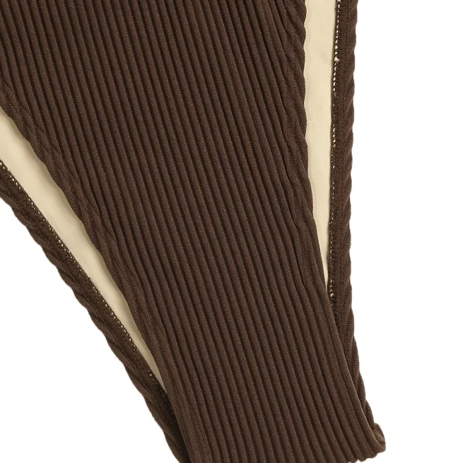 Zaful Ribbed Bikini Set for Women, Monochrome Thong Swimwear, U Metal Design, Textured Ribbed Spaghetti Strap