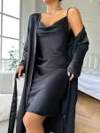 Women's Black Satin Pajama Set, Long Sleeve Robe with Belt, V Neck Dress, Ladies Pajamas, Loungewear