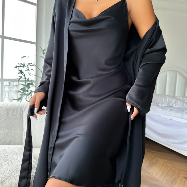 Women's Black Satin Pajama Set, Long Sleeve Robe with Belt, V Neck Dress, Ladies Pajamas, Loungewear