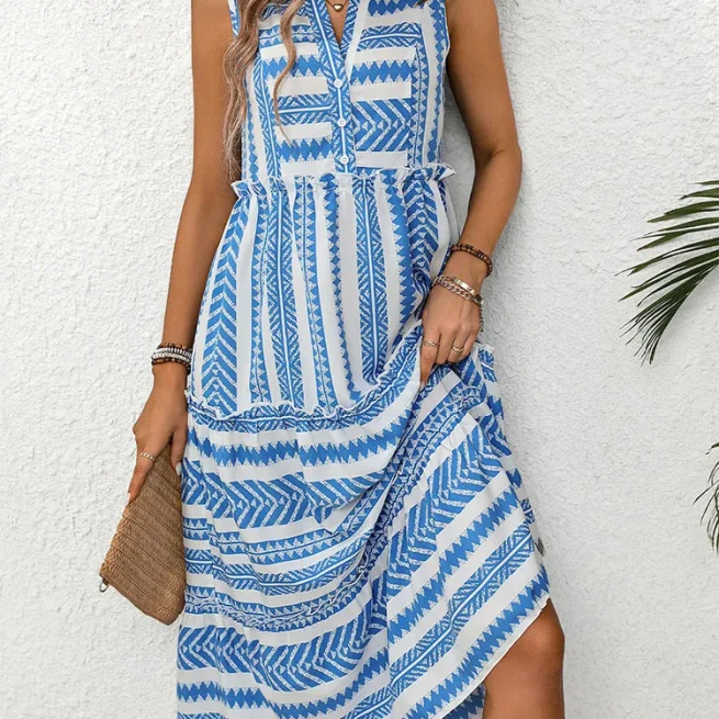 Women's Sleeveless Printed Bohemian Dress Mid-length V-neck Loose Casual Comfortable Holiday Spring Summer Dress