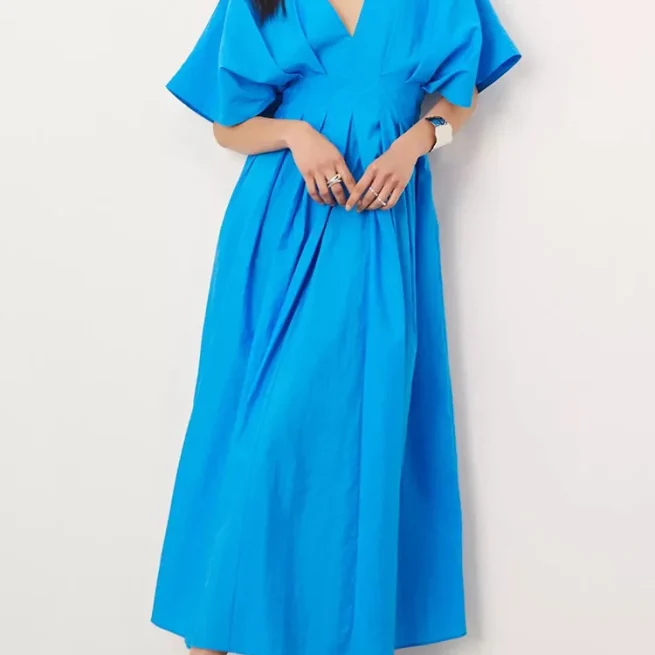 2024 Summer Women's Hollow Out Elegant Party Dress Solid Patchwork Maxi Dress Simple Short Sleeve Deep V Neck Female Dress