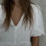 Women Vintage 100% Cotton Dress V Neck White Floral Print Midi Dress Long Sleeve Casual Summer Dresses for Women