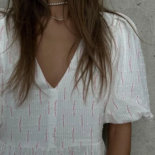 Women Vintage 100% Cotton Dress V Neck White Floral Print Midi Dress Long Sleeve Casual Summer Dresses for Women