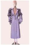 Nerazzurri 2024 Autumn Women's Long PU Leather Ruffles Coat Purple Elegant Chic Elegant Belt Luxury Designer Clothes