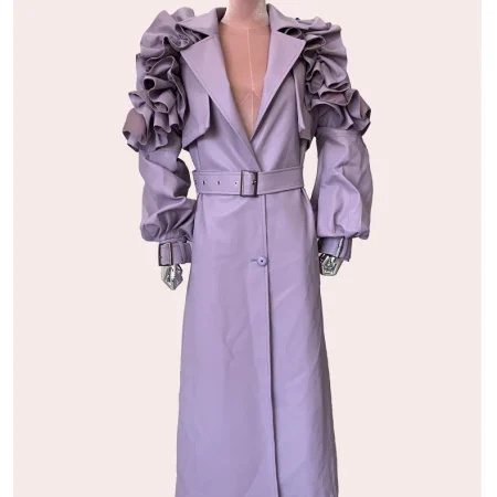 Nerazzurri 2024 Autumn Women's Long PU Leather Ruffles Coat Purple Elegant Chic Elegant Belt Luxury Designer Clothes
