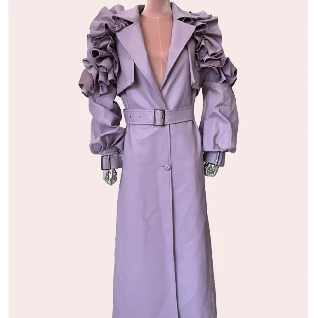 Nerazzurri 2024 Autumn Women's Long PU Leather Ruffles Coat Purple Elegant Chic Elegant Belt Luxury Designer Clothes