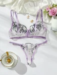 Purple Embroidery Lingerie Set for Women, Sheer Bra, Brief Underwear Set, Sexy Strappy Intimates