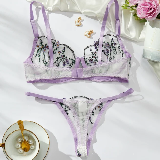 Purple Embroidery Lingerie Set for Women, Sheer Bra, Brief Underwear Set, Sexy Strappy Intimates