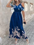 Women Off Shoulder Waist Printed Dress Long Pleated Dress Personality Pocket Mid-Rise Summer Fashion