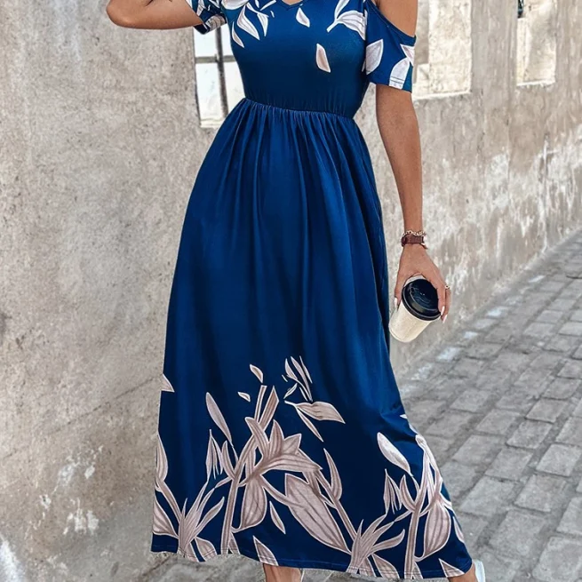 Women Off Shoulder Waist Printed Dress Long Pleated Dress Personality Pocket Mid-Rise Summer Fashion