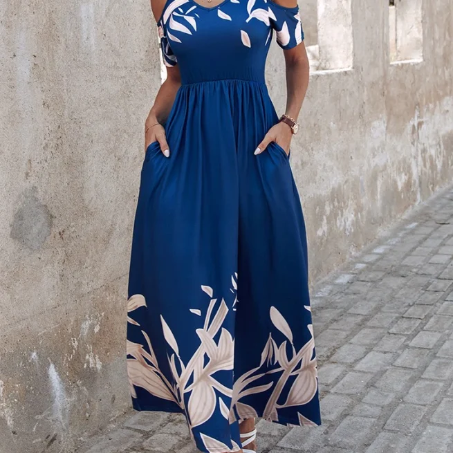 Women Off Shoulder Waist Printed Dress Long Pleated Dress Personality Pocket Mid-Rise Summer Fashion