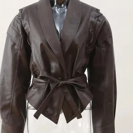Faux Leather Jacket Women Long Sleeve V Neck Lace Up Coat Casual Ladies Versatile Brown High Street Autumn Winter 2022