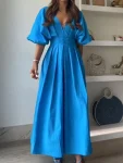 2024 Summer Women's Hollow Out Elegant Party Dress Solid Patchwork Maxi Dress Simple Short Sleeve Deep V Neck Female Dress