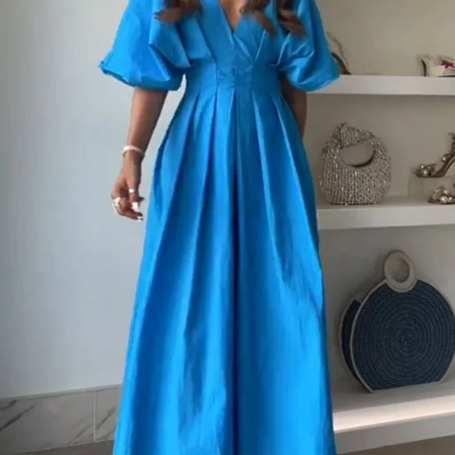 2024 Summer Women's Hollow Out Elegant Party Dress Solid Patchwork Maxi Dress Simple Short Sleeve Deep V Neck Female Dress