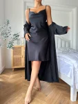 Women's Black Satin Pajama Set, Long Sleeve Robe with Belt, V Neck Dress, Ladies Pajamas, Loungewear