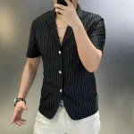 Men's Casual Shirt Classic Office Short Sleeve Suit Striped Print Cardigan Tops Trend Summer Fashion 2024
