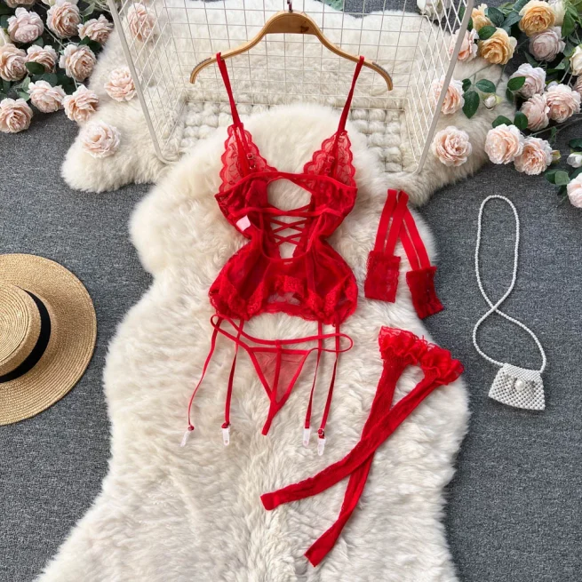 3pcs Kids Lace Floral Transparent Bra Brief Suit Tight Erotic Underwear Sexy Intimate Lingerie Stockings Set Women Fashion